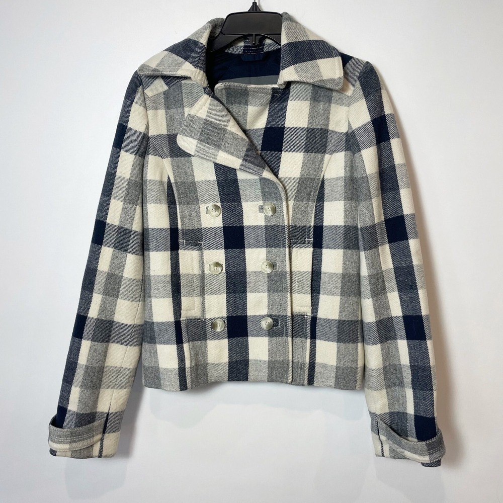Abercrombie & Fitch‎ PeaCoat Jacket Womens  Navy S Wool Blend Crop Plaid Button